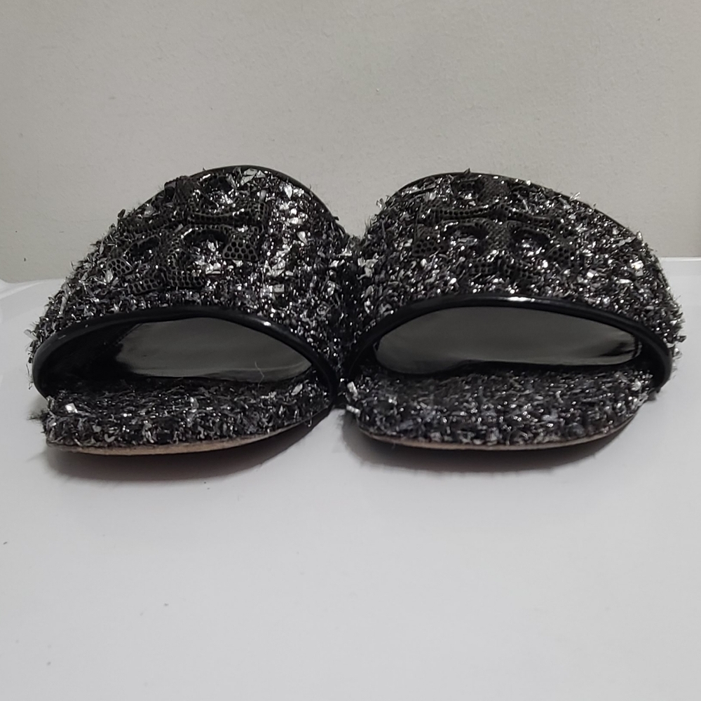 Tory Burch Eleanor Slide Sandals Pavé Logo Silver Confetti/Perfect Black Sz 8 - Picture 7 of 14